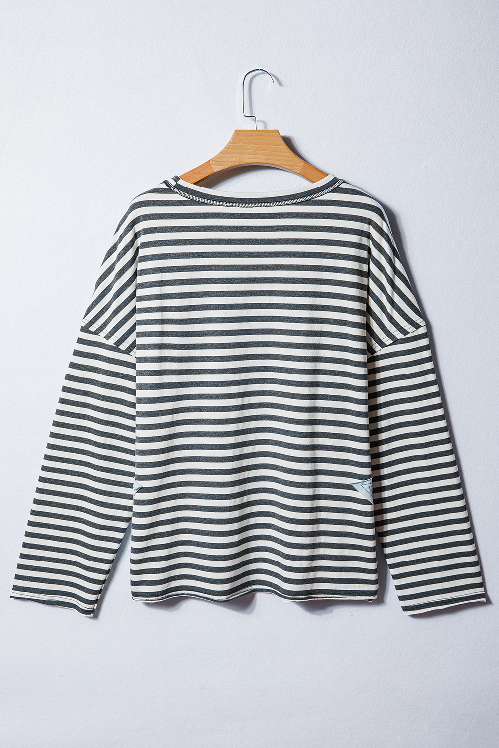 Plus Size Gray Stripe Contrast Star Stitched  Long Sleeve Top