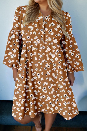 Plus Size Khaki  Daisy Floral Print Button Split Neck Puff Sleeve Dress