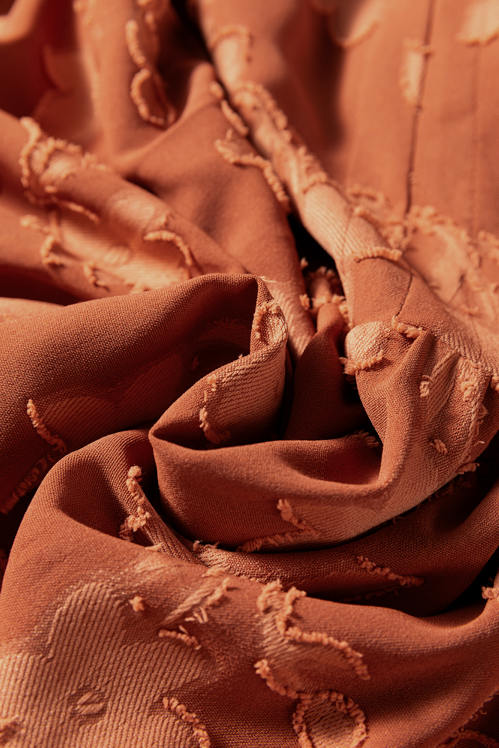 Plus Size Cinnamon  Textured 3D Flower Pattern Ruffle Hem 3/4 Sleeve Long Dress