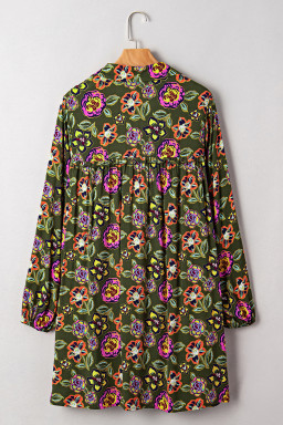 Plus Size Green  Floral Print Collared V Neck Loose Mini Dress