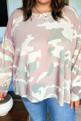 Plus Size Green  Camouflage Print Drop Shoulder Loose Pullover Top
