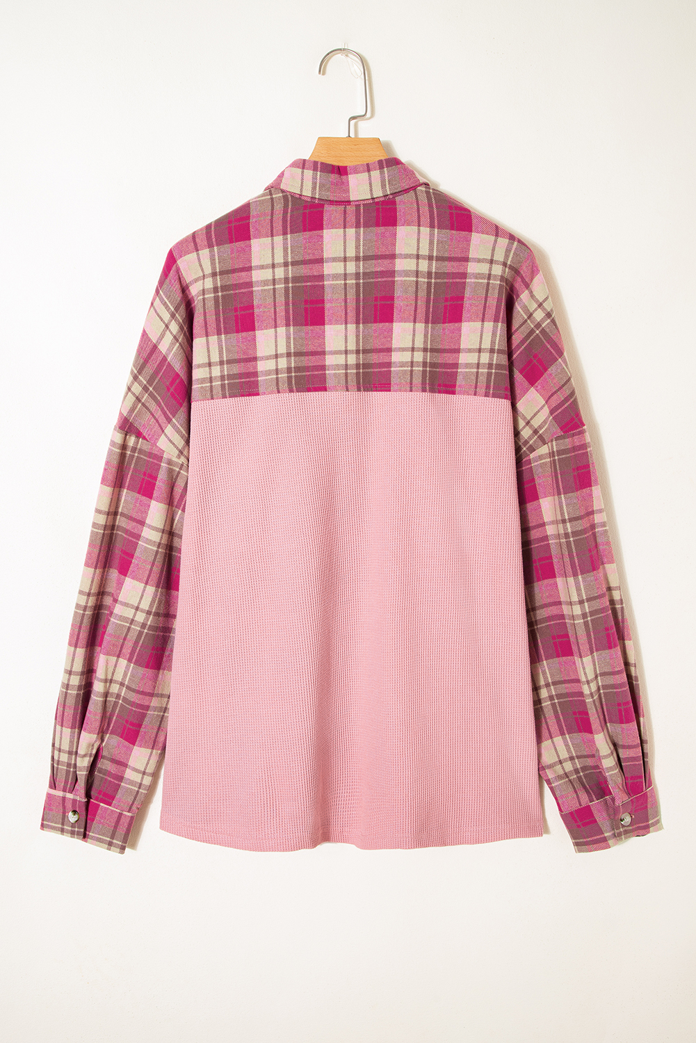 Plus Size Pink Waffle Patch Pocket Plaid Patchwork  Shirt