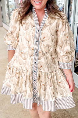 Plus Size Khaki  Floral Print Striped Trim Patchwork Button Down A-line Dress