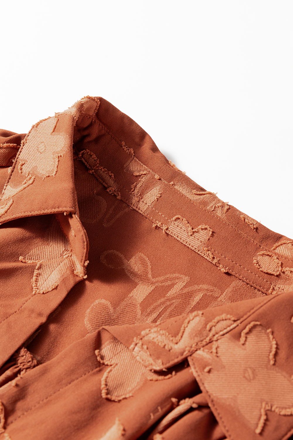 Plus Size Cinnamon  Textured 3D Flower Pattern Ruffle Hem 3/4 Sleeve Long Dress