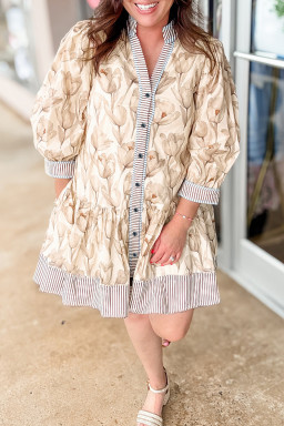 Plus Size Khaki  Floral Print Striped Trim Patchwork Button Down A-line Dress