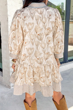 Plus Size Khaki  Floral Print Striped Trim Patchwork Button Down A-line Dress