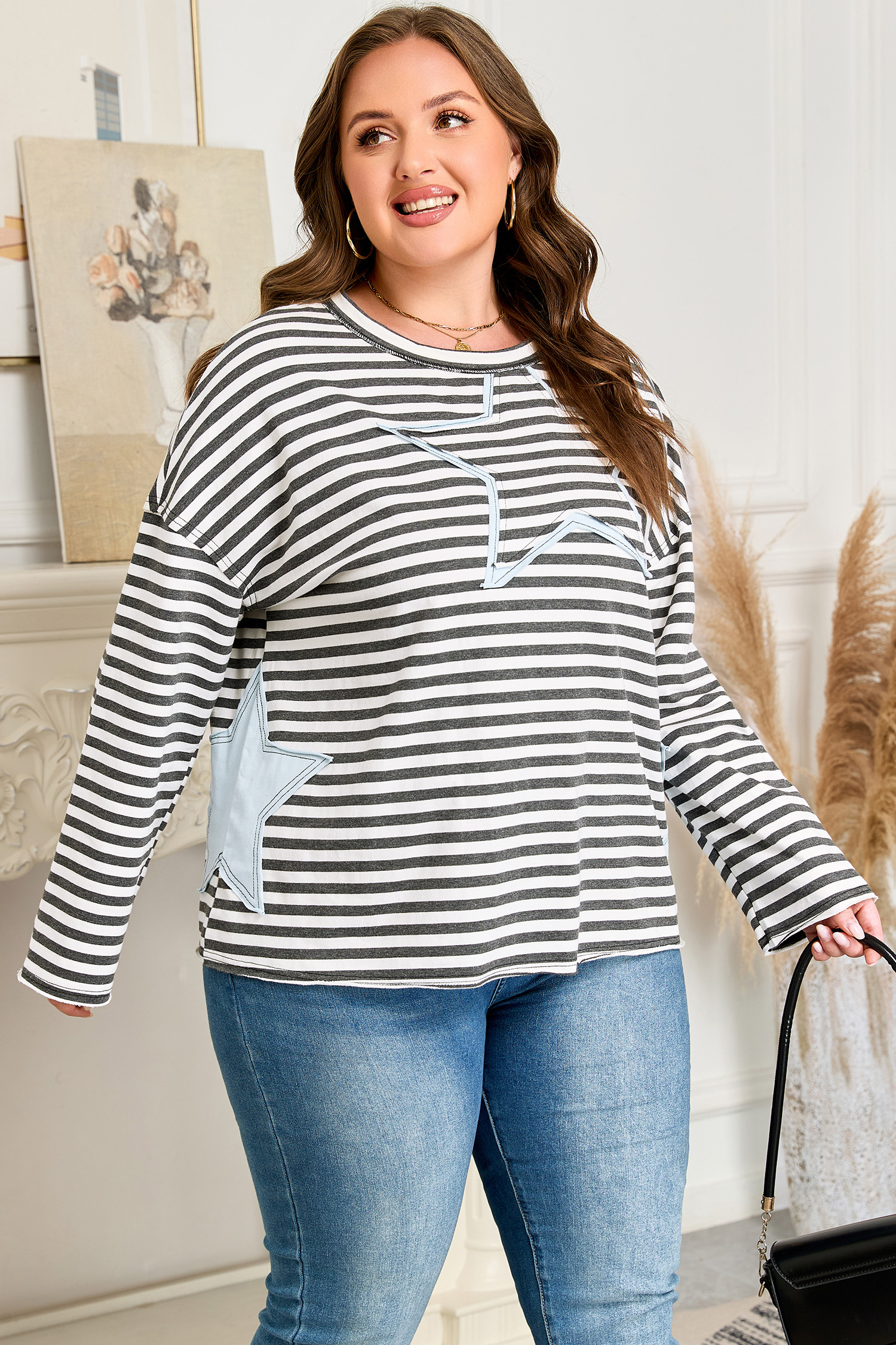 Plus Size Gray Stripe Contrast Star Stitched  Long Sleeve Top