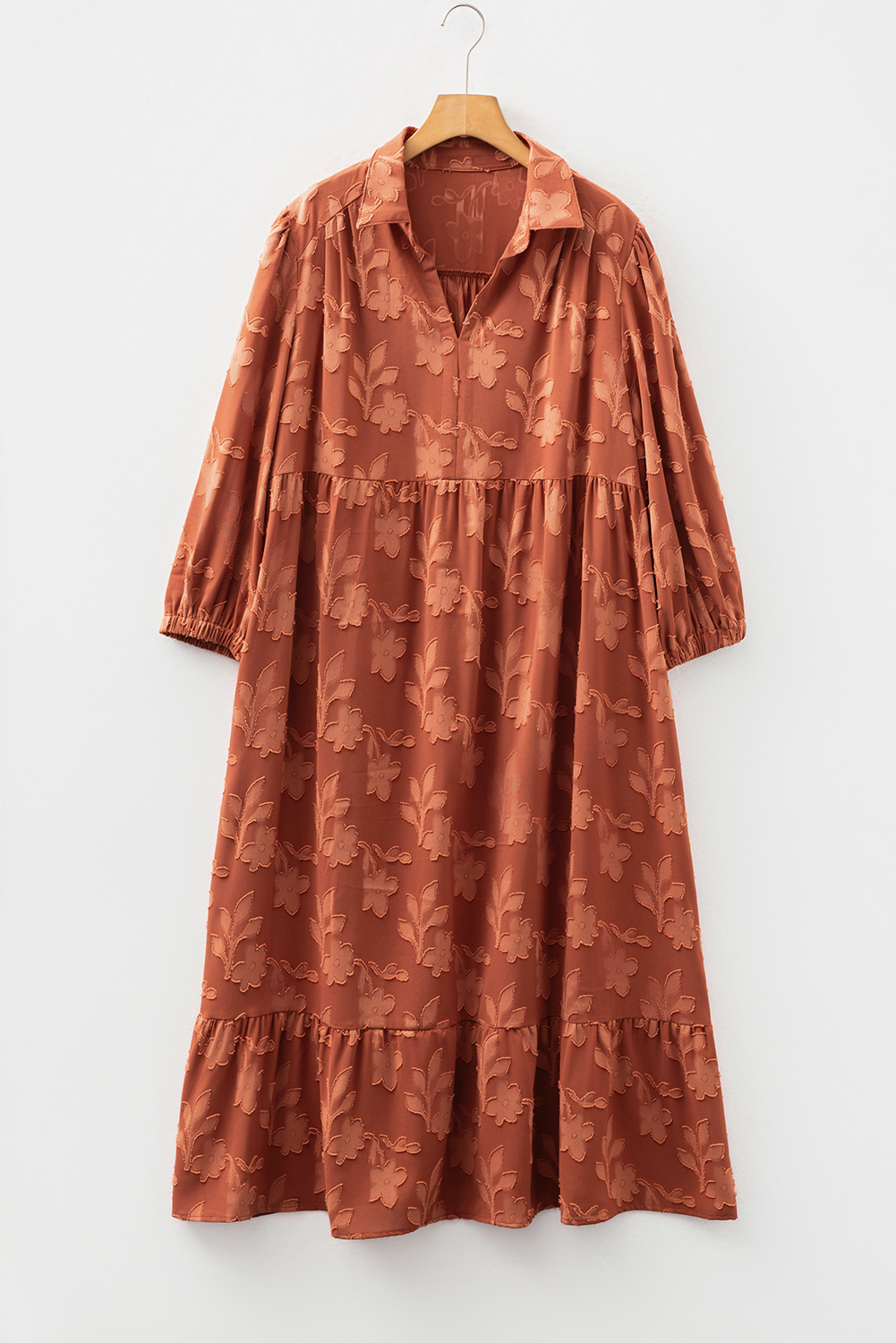 Plus Size Cinnamon  Textured 3D Flower Pattern Ruffle Hem 3/4 Sleeve Long Dress