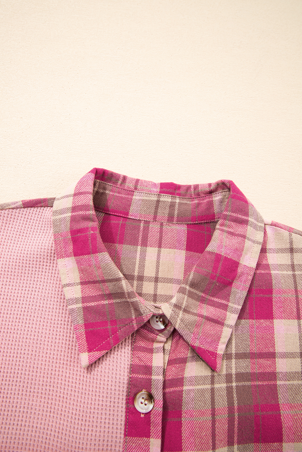 Plus Size Pink Waffle Patch Pocket Plaid Patchwork  Shirt
