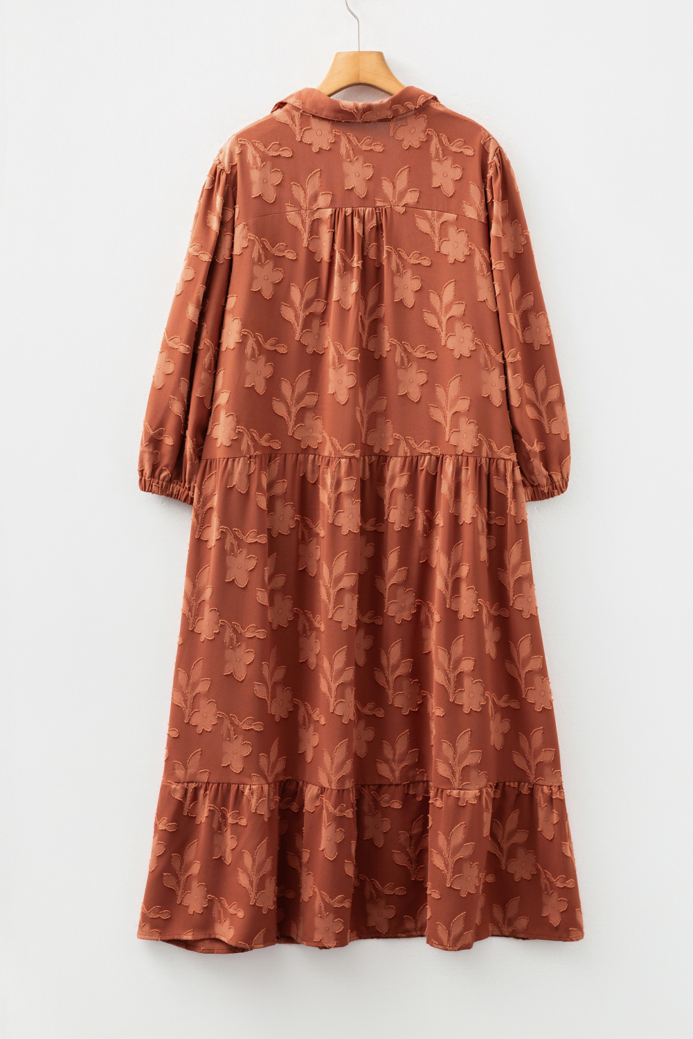 Plus Size Cinnamon  Textured 3D Flower Pattern Ruffle Hem 3/4 Sleeve Long Dress