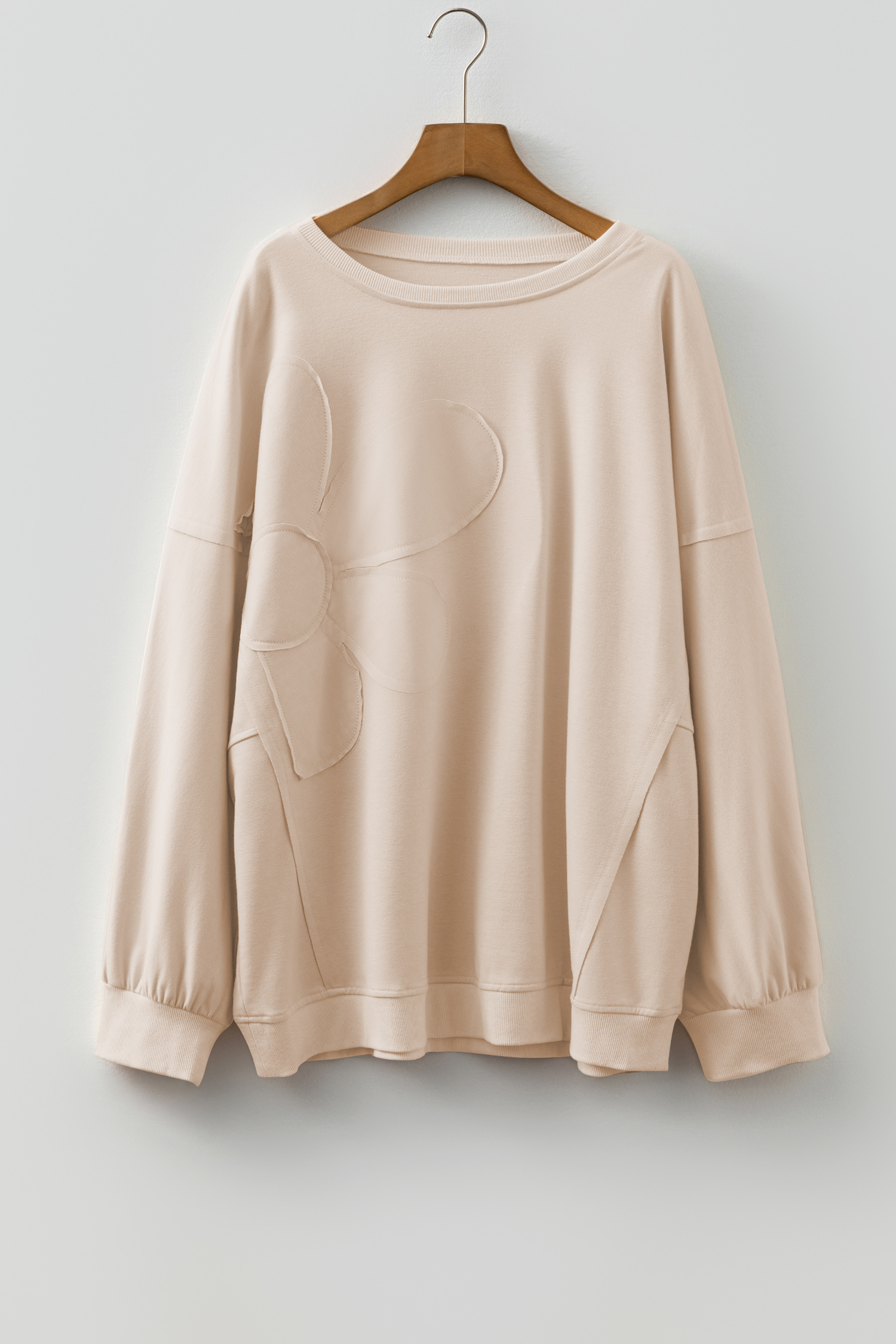 Plus Size Beige Flower Patched Mineral Wash Round Neck  Top