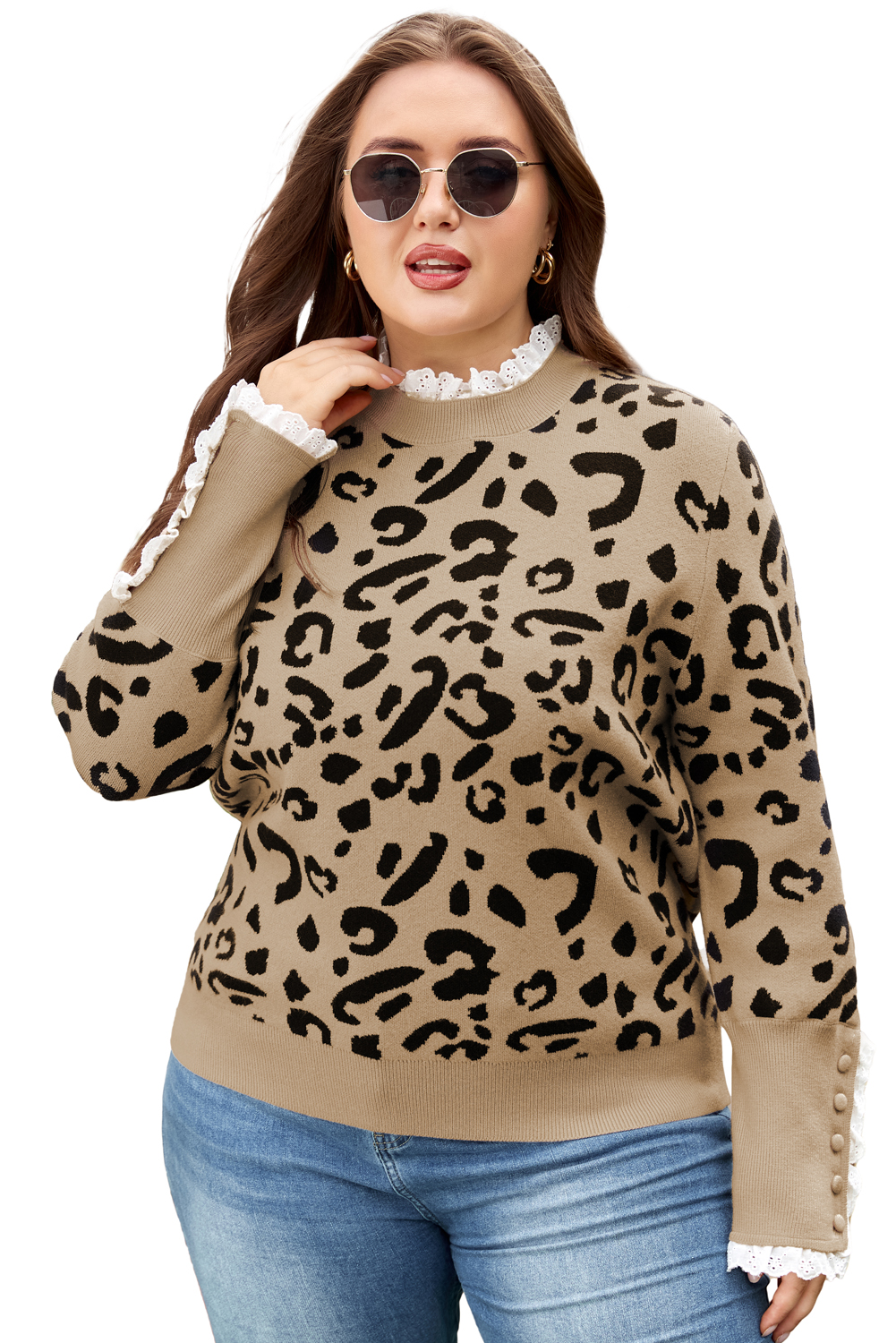 Plus Size Brown Leopard Knitted Lacy Trim Cuffed  Sweater