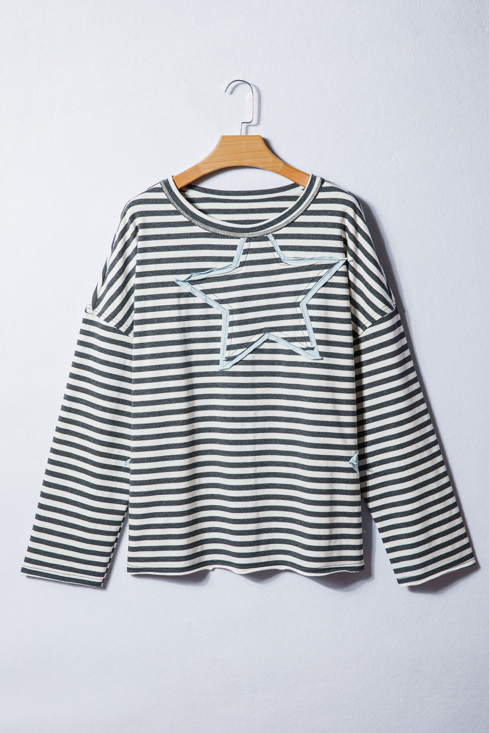 Plus Size Gray Stripe Contrast Star Stitched  Long Sleeve Top