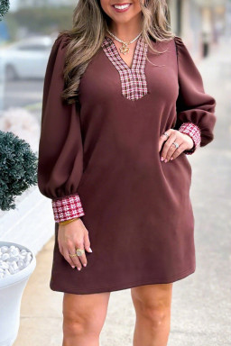 Plus Size Coffee Contrast Plaid Trim Patchwork Collared  Shift Mini Dress