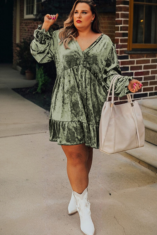 Plus Size Jungle Green Velvet Babydoll Mini Dress with Puff Sleeve  Wholesale $ 24.17 - 66Disco