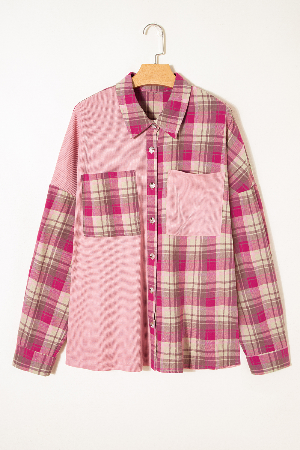 Plus Size Pink Waffle Patch Pocket Plaid Patchwork  Shirt