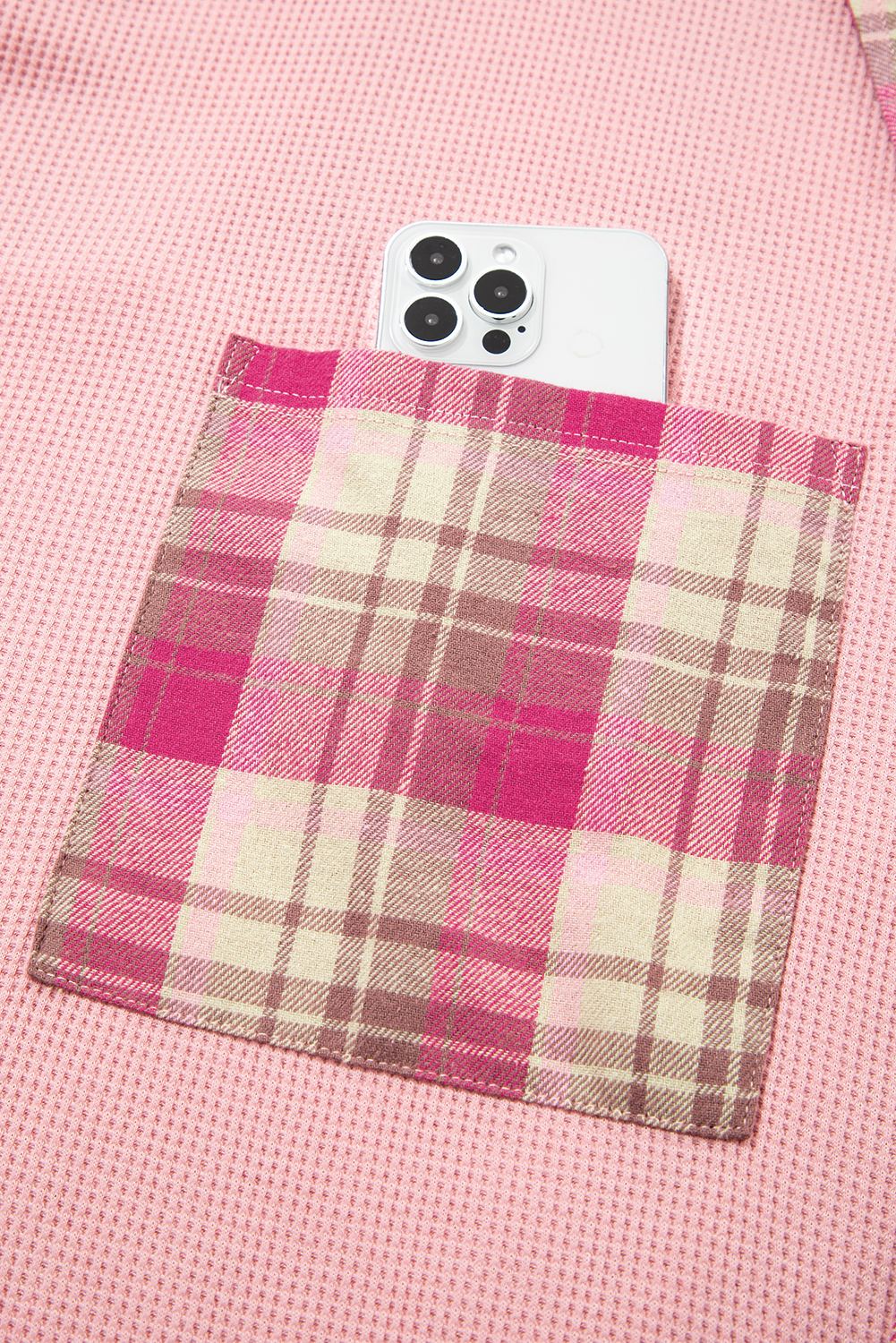 Plus Size Pink Waffle Patch Pocket Plaid Patchwork  Shirt