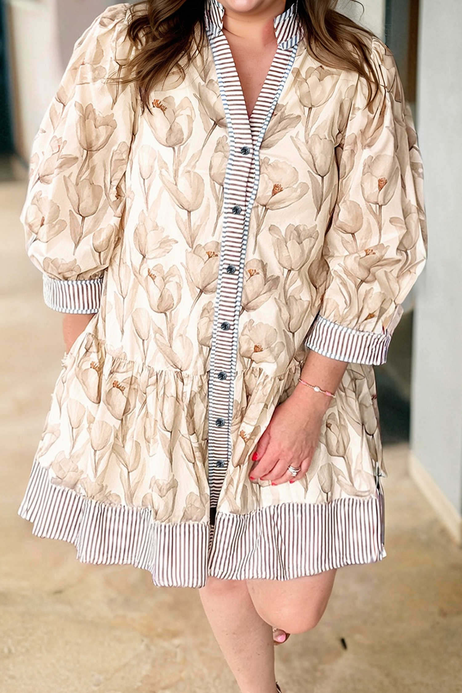 Plus Size Khaki  Floral Print Striped Trim Patchwork Button Down A-line Dress