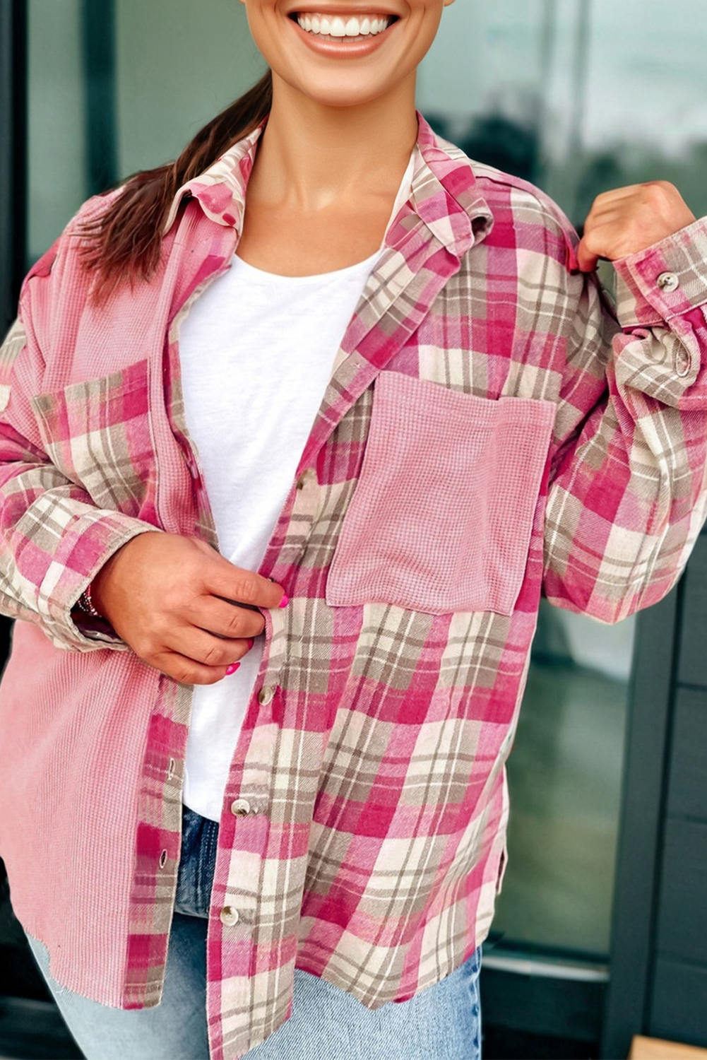 Plus Size Pink Waffle Patch Pocket Plaid Patchwork  Shirt