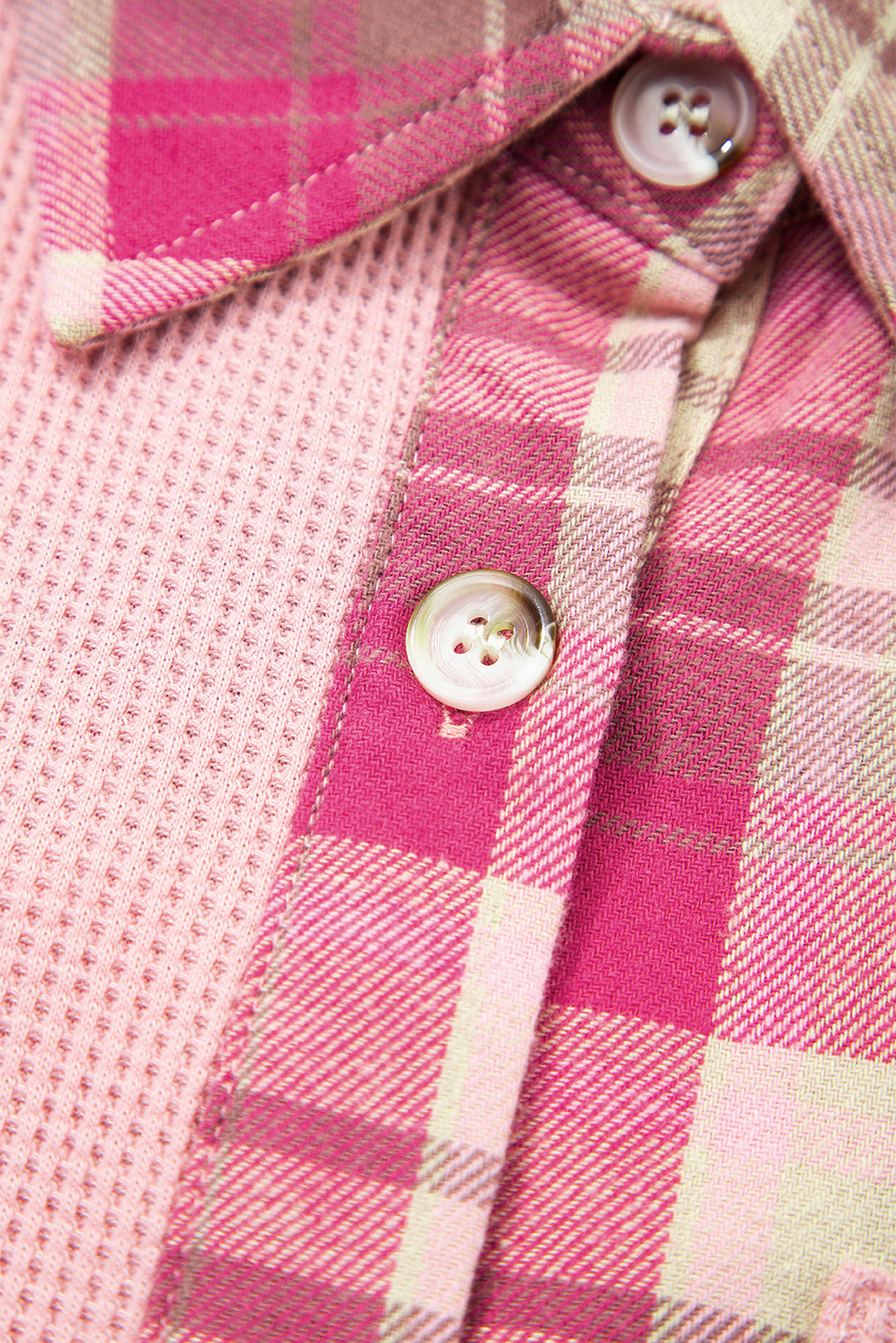 Plus Size Pink Waffle Patch Pocket Plaid Patchwork  Shirt