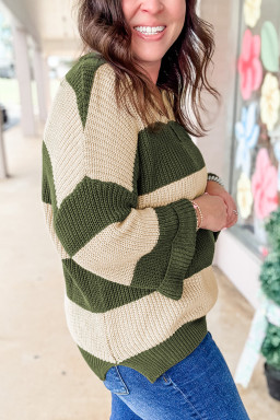 Plus Size Green Stripe Colorblock Notched Neck  Sweater