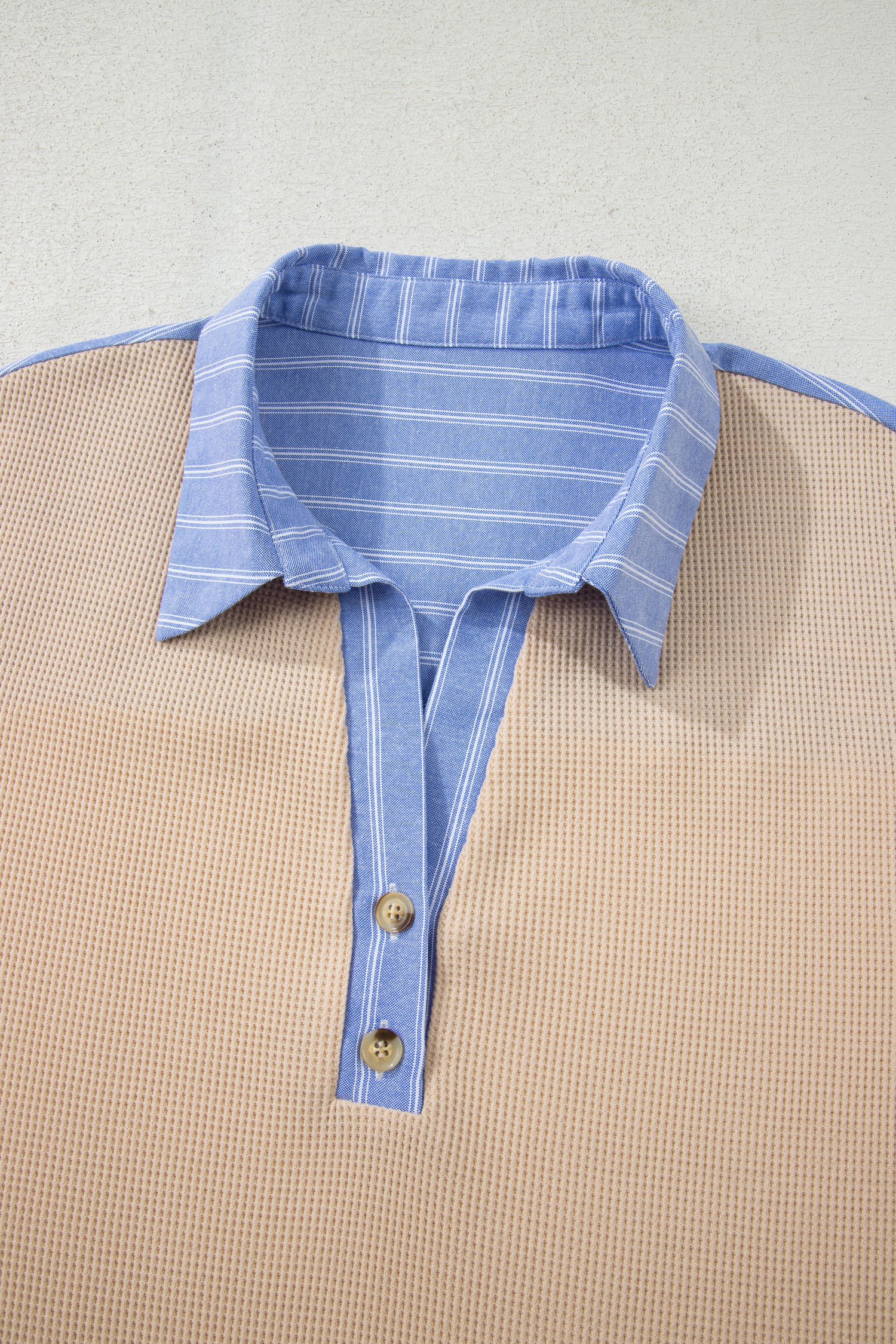 Plus Size Parchment  Striped Contrast Trim Waffle Knit Collared Top