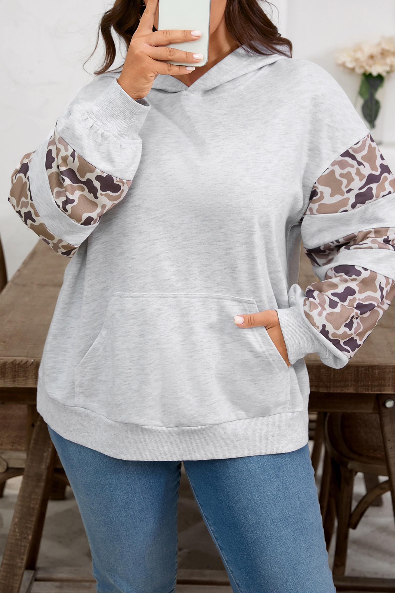 Plus Size Light Grey Camouflage Patchwork Asymmetric Sleeve  Hoodie