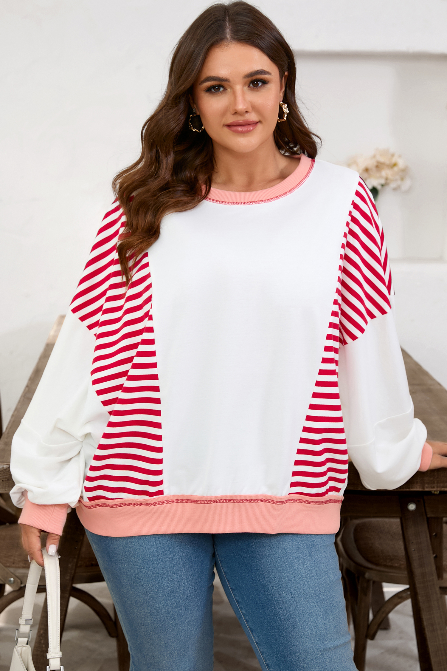 Plus Size Red Stripe Color Block Patchwork Seam Detail  Sweatshirt