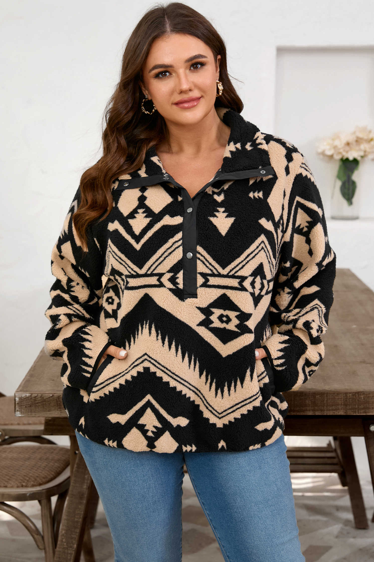 Plus Size Black  Western Aztec Pattern Half Button Collared Plush Sweatshirt