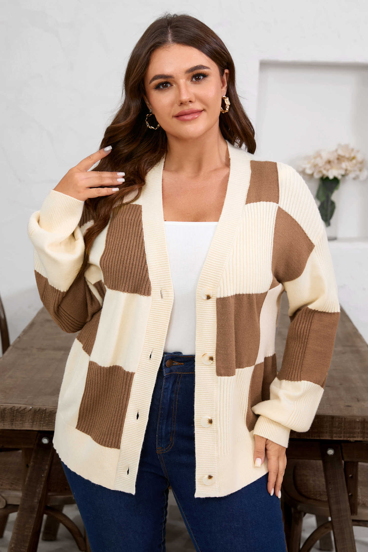 Plus Size Khaki Checkered Ribbed Texture Knit  Cardigan Sweater