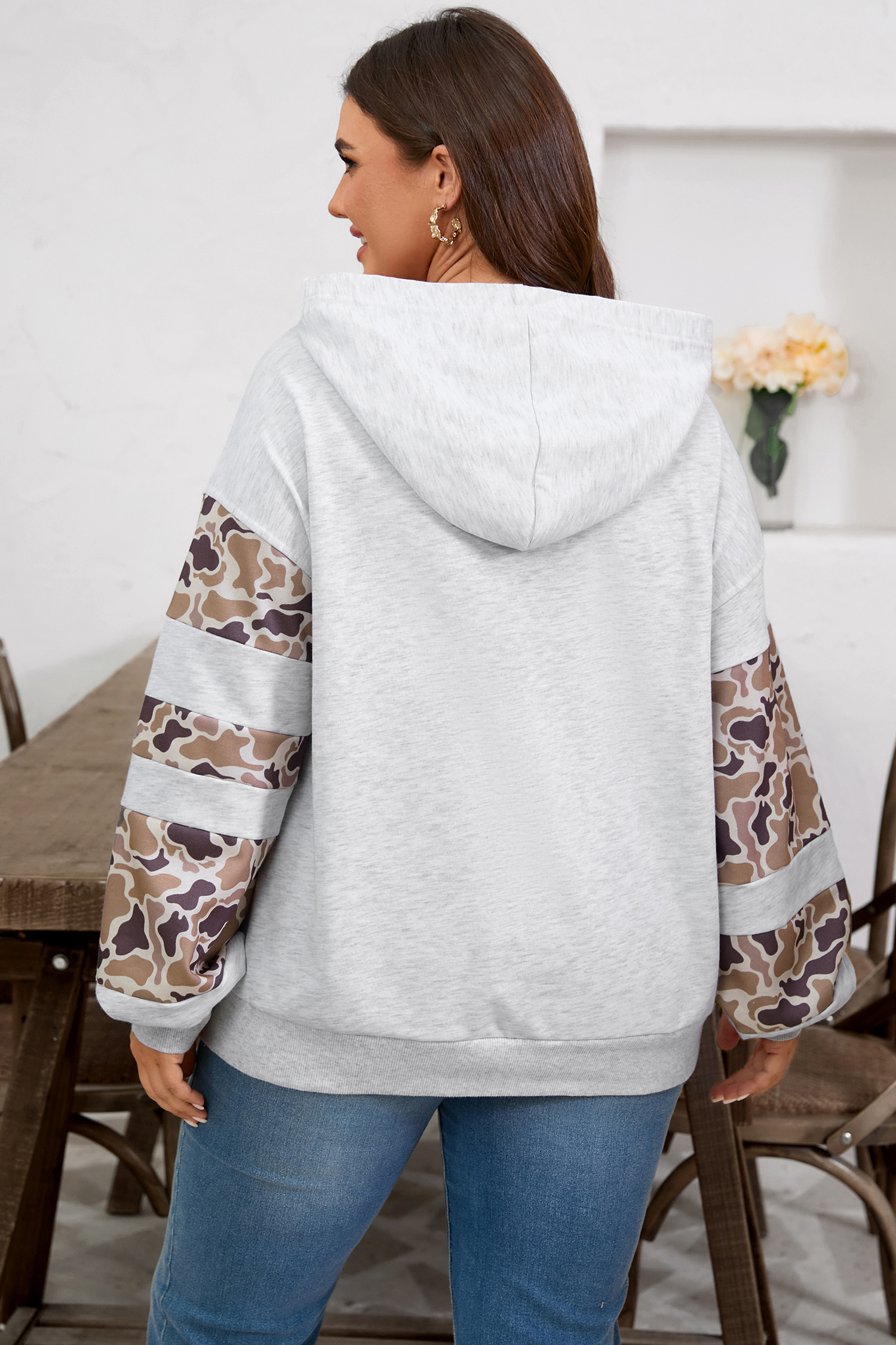 Plus Size Light Grey Camouflage Patchwork Asymmetric Sleeve  Hoodie