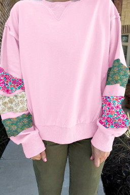 Plus Size Pink  Mix Floral Patched Sleeve Ribbed Trim Baggy Sweatshirt