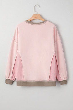Light Pink Plus Color Block Waffle Patchwork Exposed Seam Baggy Sweatshirt