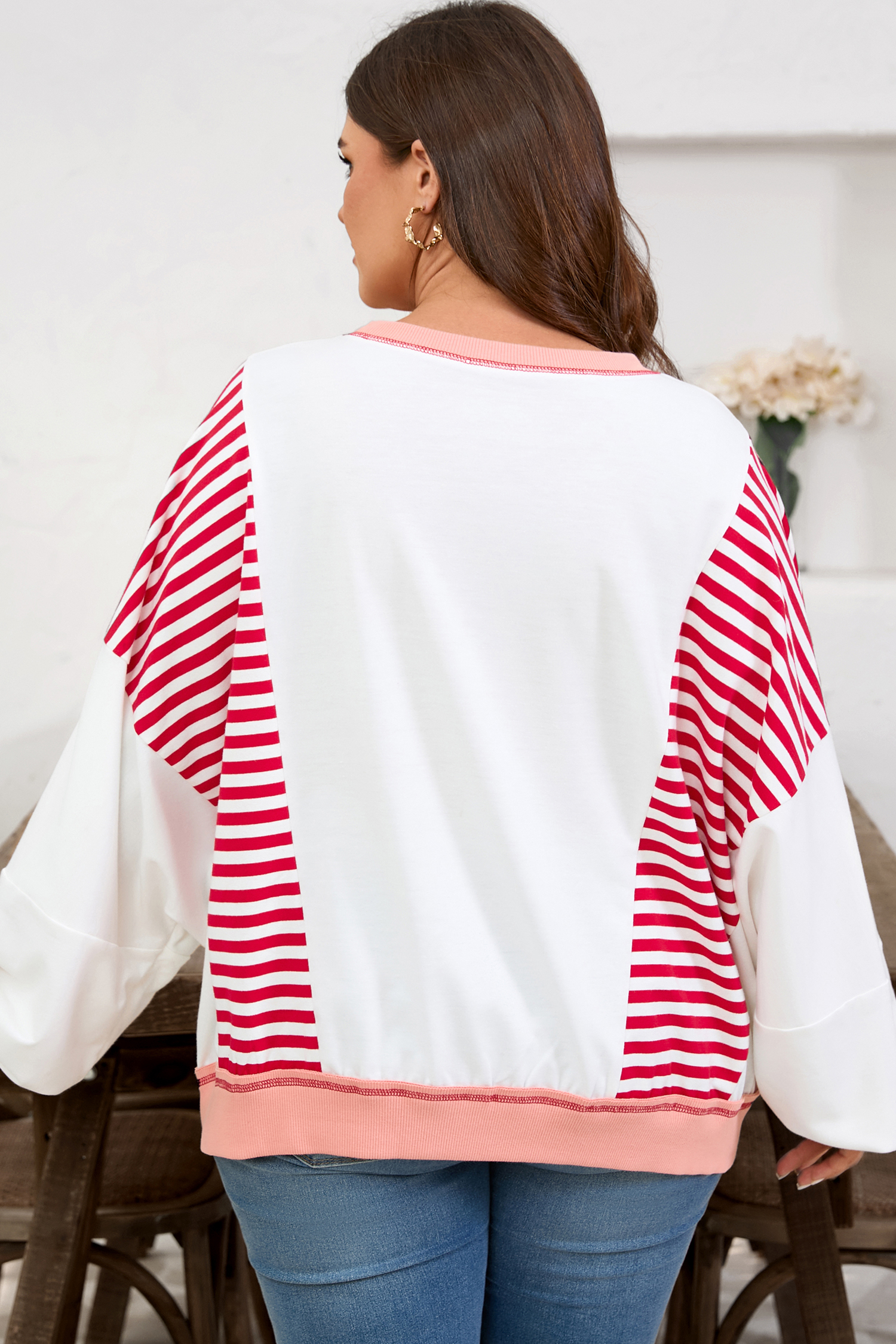 Plus Size Red Stripe Color Block Patchwork Seam Detail  Sweatshirt