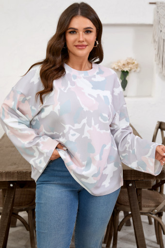 Plus Size Green  Camouflage Print Drop Shoulder Loose Pullover Top