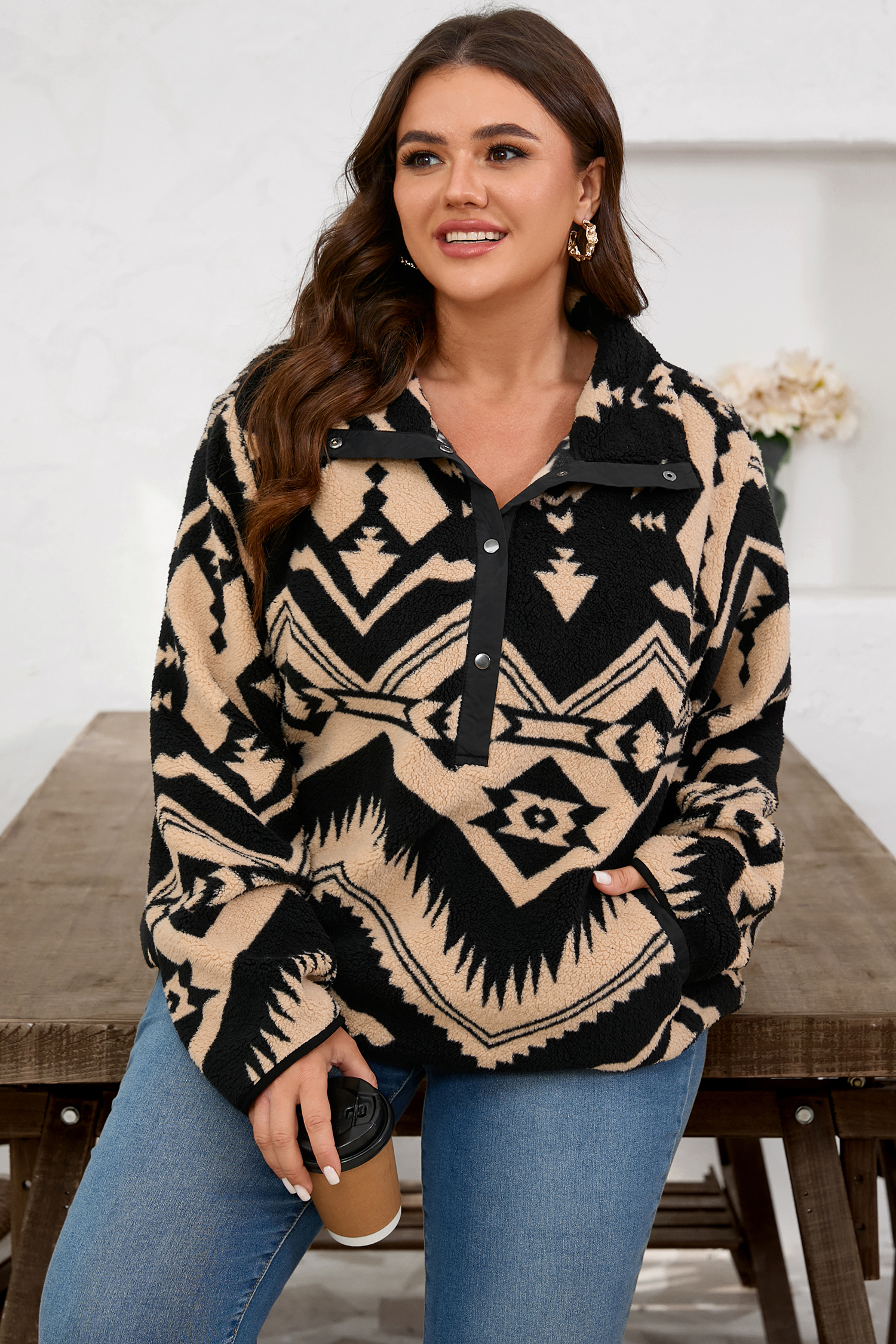 Plus Size Black  Western Aztec Pattern Half Button Collared Plush Sweatshirt