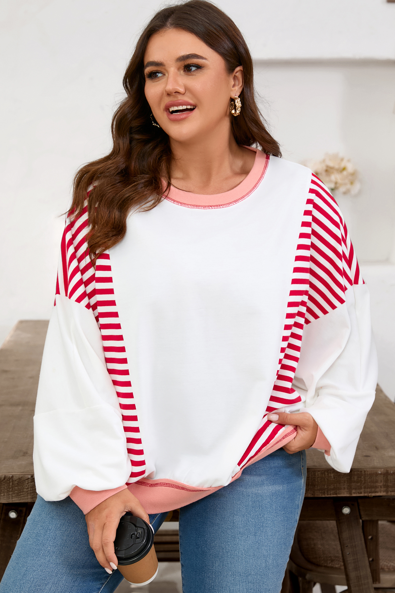 Plus Size Red Stripe Color Block Patchwork Seam Detail  Sweatshirt