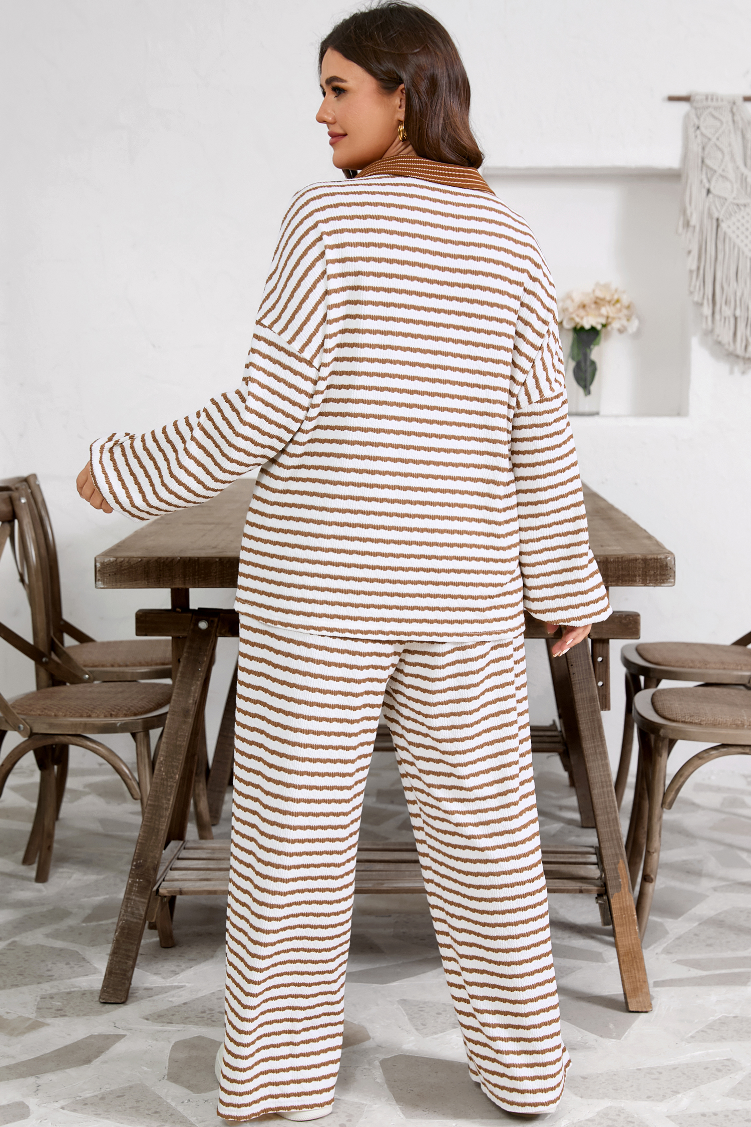 Plus Size Khaki Stripe  Collared V Neck Loose Pullover Drawstring Elastic Waist Wide Leg Pant Set
