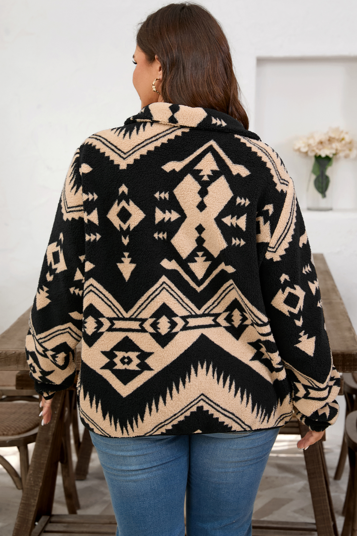Plus Size Black  Western Aztec Pattern Half Button Collared Plush Sweatshirt