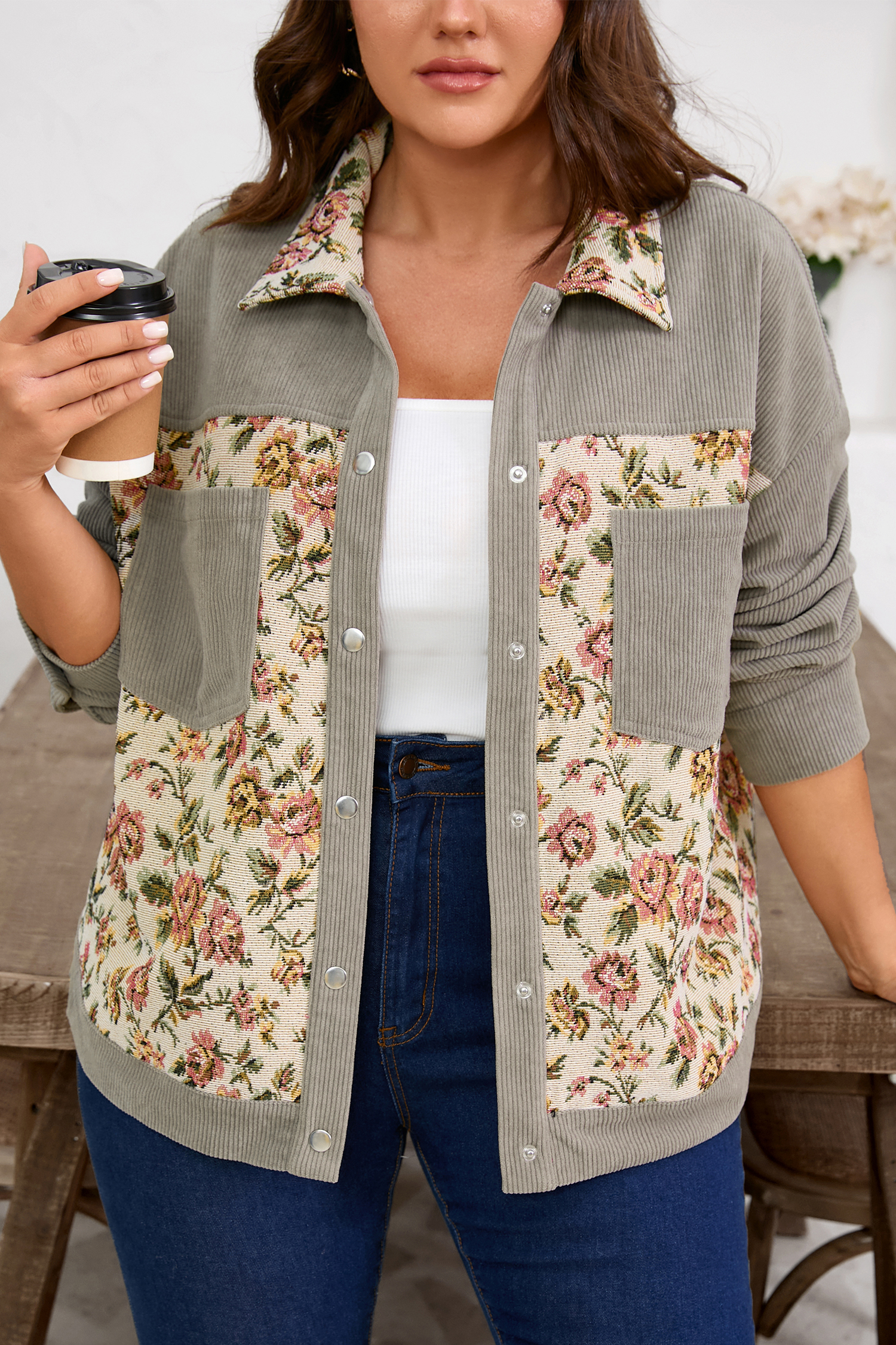 Medium Grey Corduroy Floral Patchwork Vintage Jacket