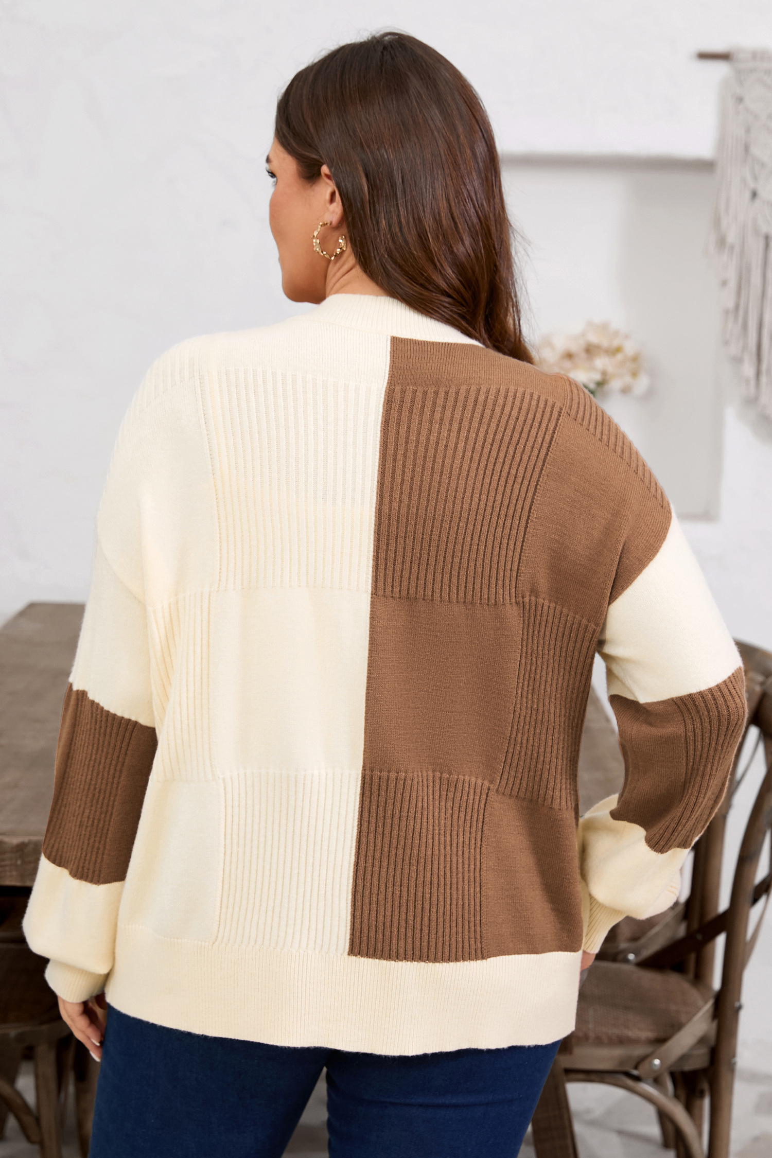 Plus Size Khaki Checkered Ribbed Texture Knit  Cardigan Sweater