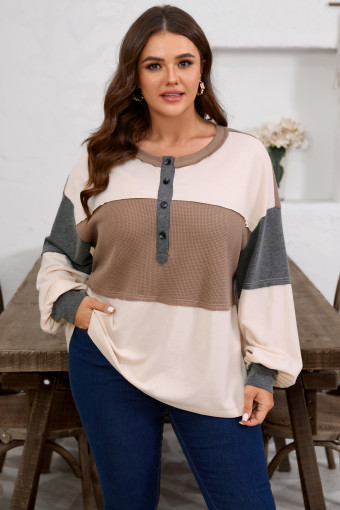 Plus Size Jet Stream Waffle Patchwork Colorblock Half Buttons Casual  Knit Jumper