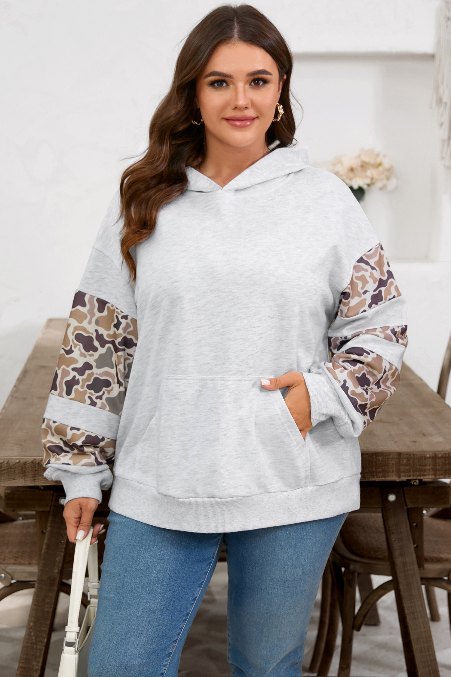 Plus Size Light Grey Camouflage Patchwork Asymmetric Sleeve  Hoodie