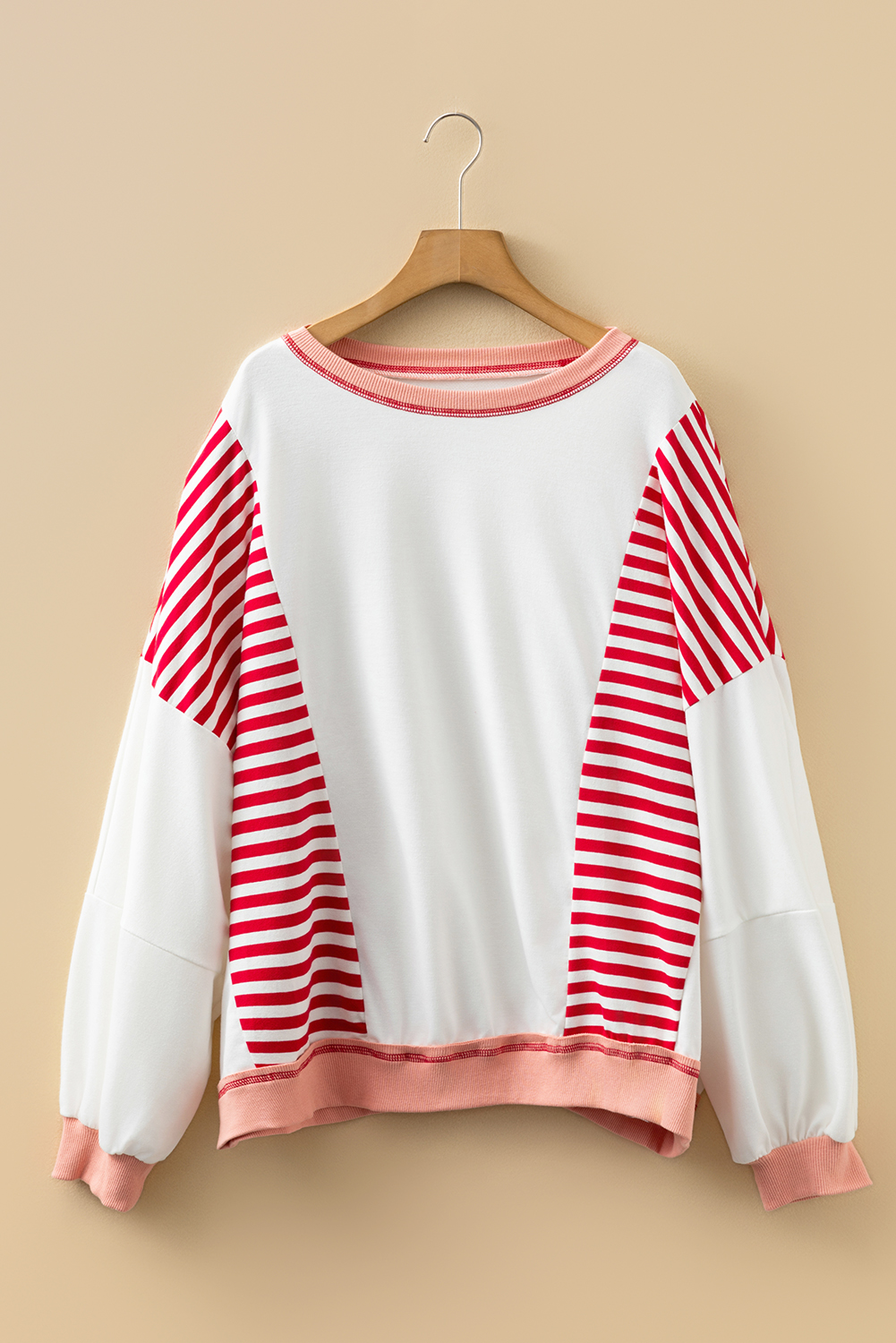 Plus Size Red Stripe Color Block Patchwork Seam Detail  Sweatshirt