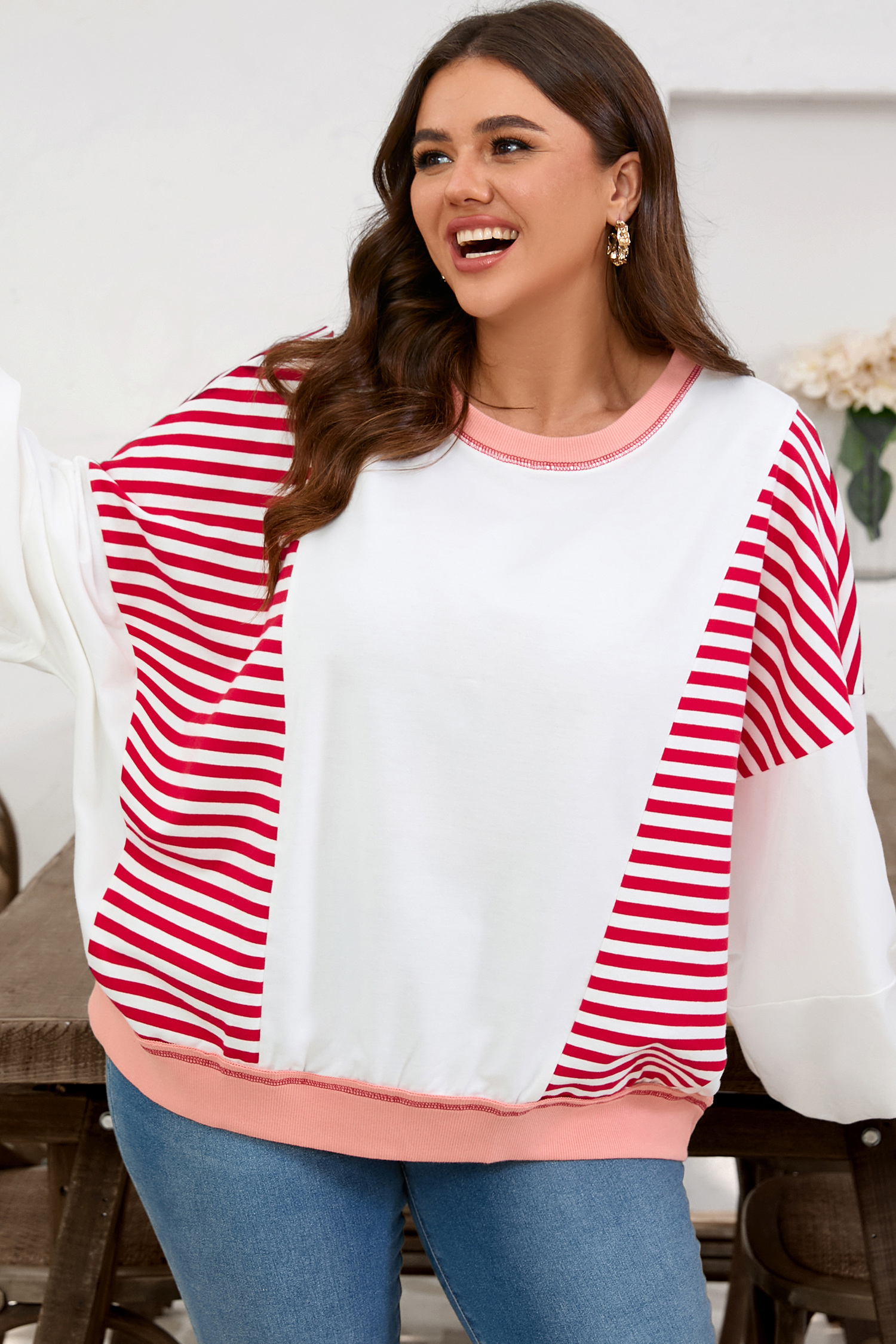 Plus Size Red Stripe Color Block Patchwork Seam Detail  Sweatshirt
