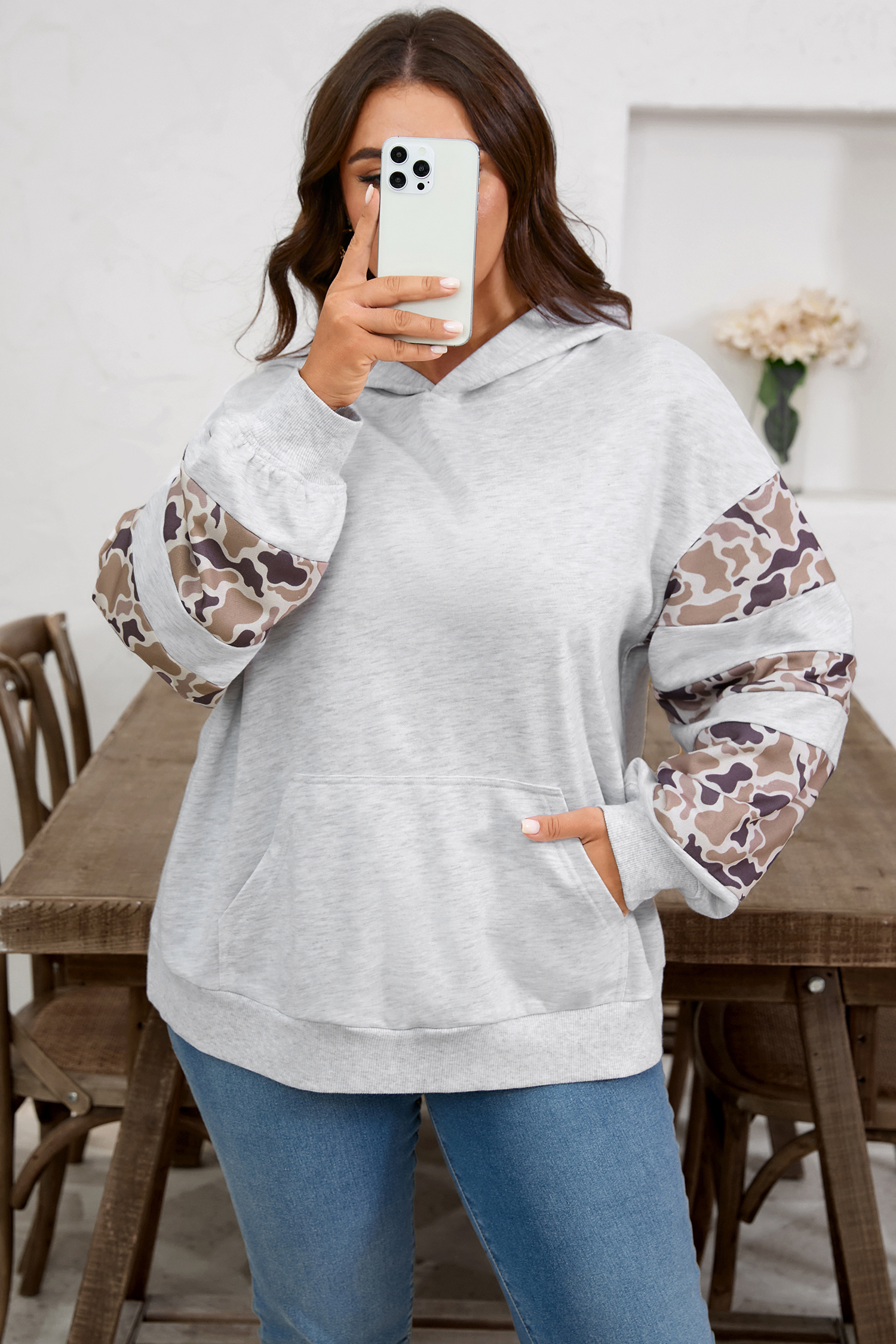 Plus Size Light Grey Camouflage Patchwork Asymmetric Sleeve  Hoodie