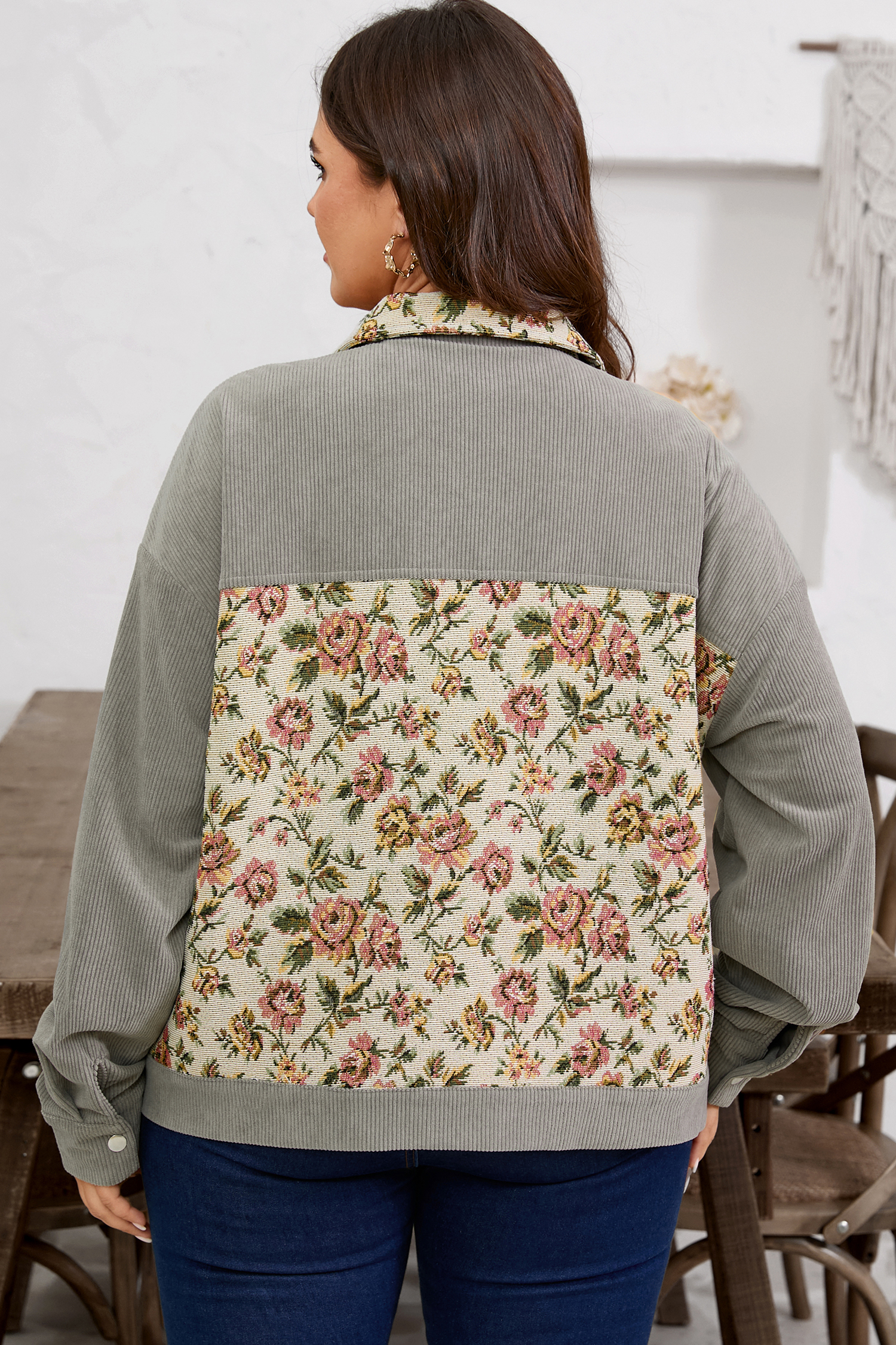 Medium Grey Corduroy Floral Patchwork Vintage Jacket