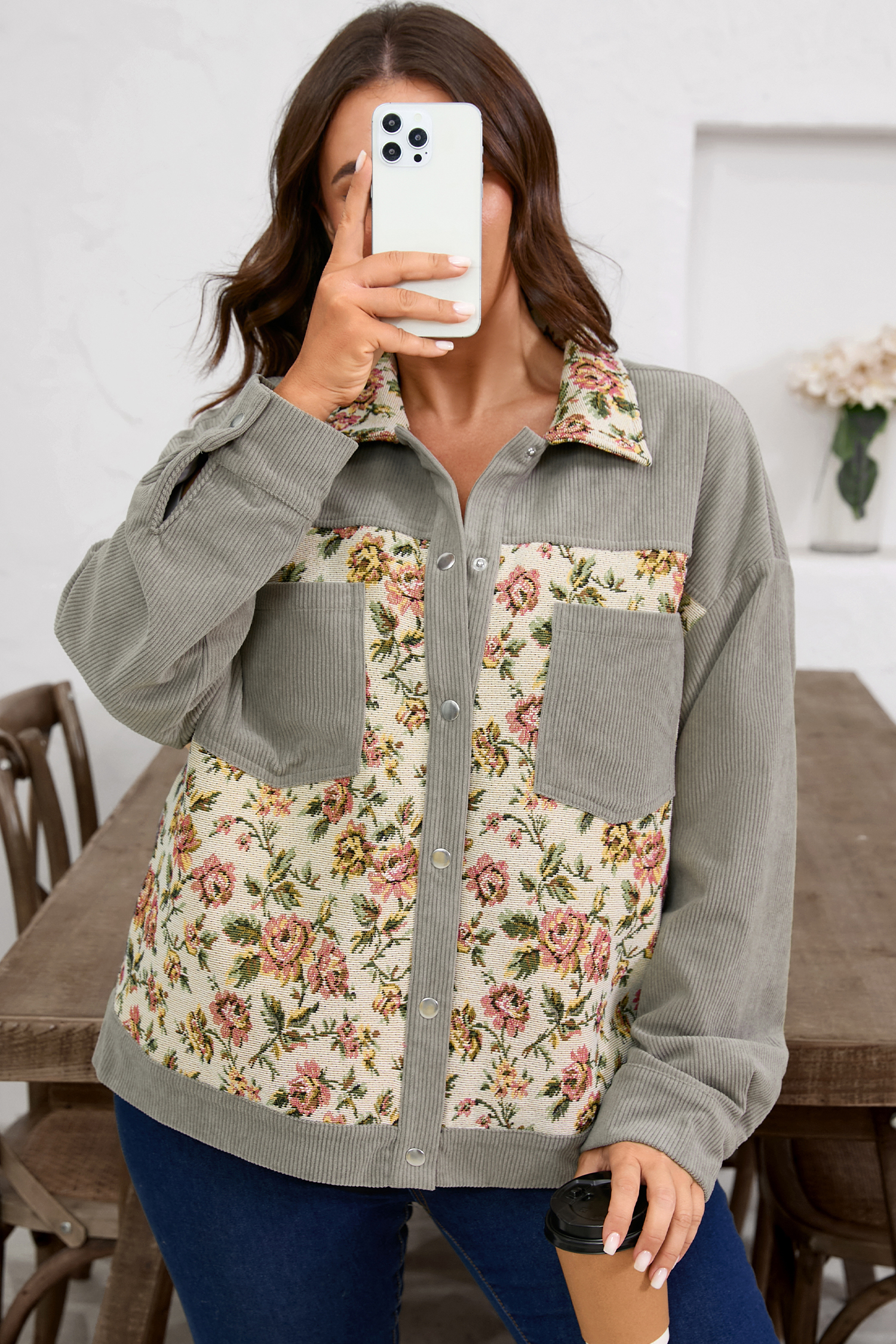 Medium Grey Corduroy Floral Patchwork Vintage Jacket