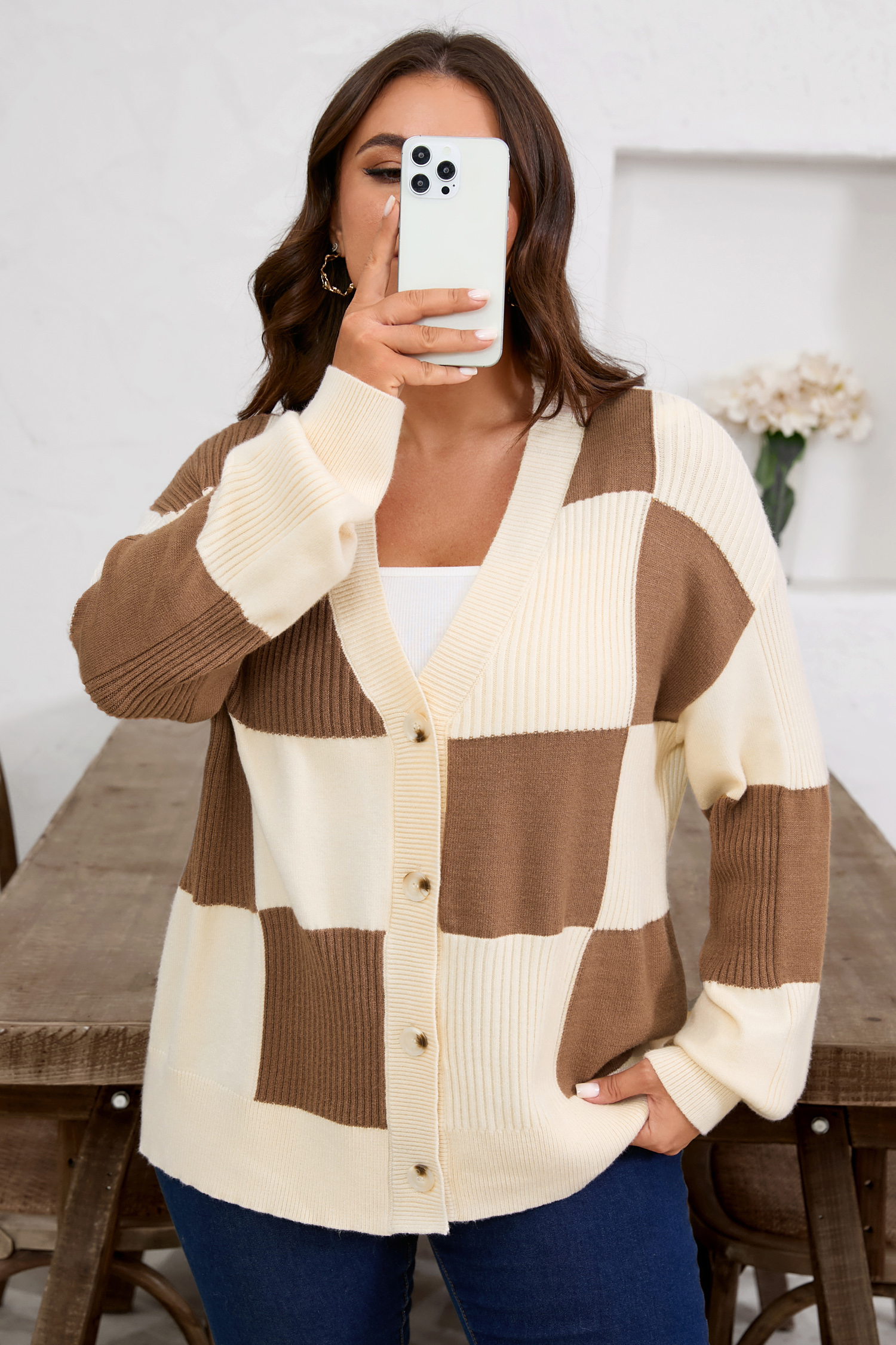 Plus Size Khaki Checkered Ribbed Texture Knit  Cardigan Sweater