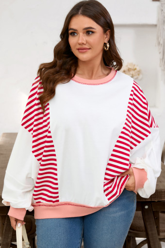 Plus Size Red Stripe Color Block Patchwork Seam Detail  Sweatshirt